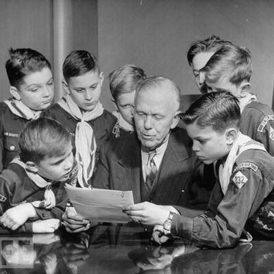 Marshall listening to boy scouts proposing their own European Aid Program