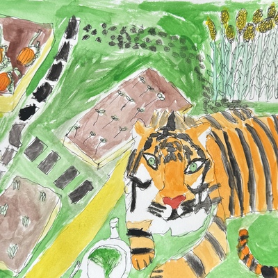 Tiger Planting A Vegetable Garden