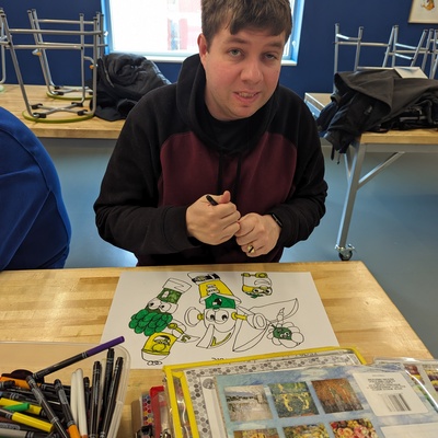 Gavin sketching Veggie Tales fan art