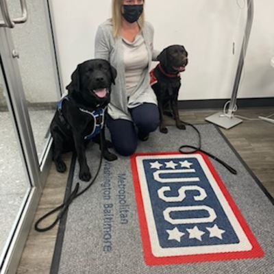 Baldy and Ashley stopping by the USO office at Dulles airport during Public access training.